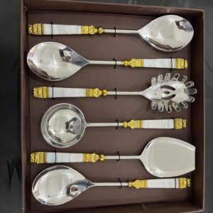 MOTHER OF PEARL SERVING SPOON SET OF 6 GOLDEN HANDLE