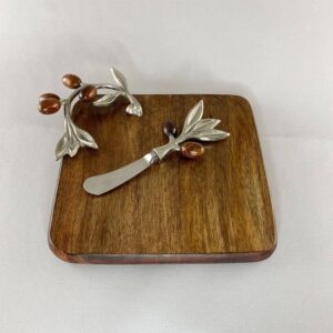 MANGO WOOD CHEESE PLATTER WITH CHEESE KNIFE – 8 INCH (NATURAL FINISH)