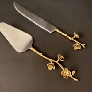FLOWER CAKE SERVER SET OF 2 BRASS AND STAINLESS STEEL GOLD FINISH