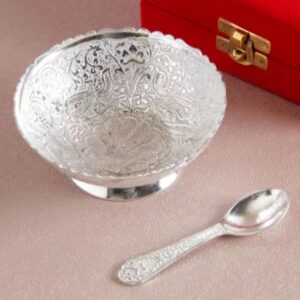 GERMAN SILVER 2 BOWL, 1 PLATE & 2 SPOON SET WITH VELVET BOX EXCLUSIVE GIFT