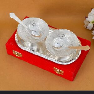 GERMAN SILVER 2 BOWL, 1 PLATE & 2 SPOON SET WITH VELVET BOX EXCLUSIVE GIFT